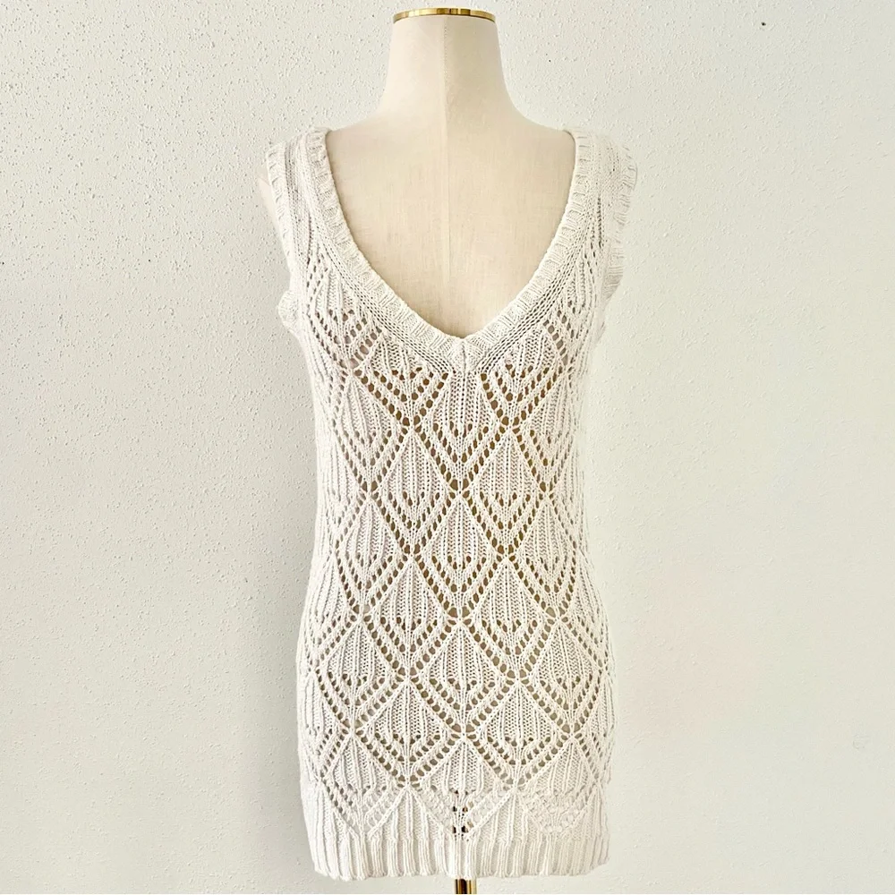 ANN TAYLOR LOFT Women's sz Medium Cream Crochet Knit Sleeveless Tunic Top Beach - Picture 1 of 6
